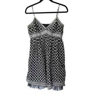 BCBGMaxazria Black White Geo Print Babydoll Sequin Silk Blend Tulle Hemline Y2K